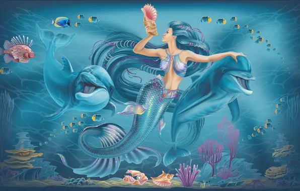 Картинка русалка, дельфины, под водой, www.tatyana.pro