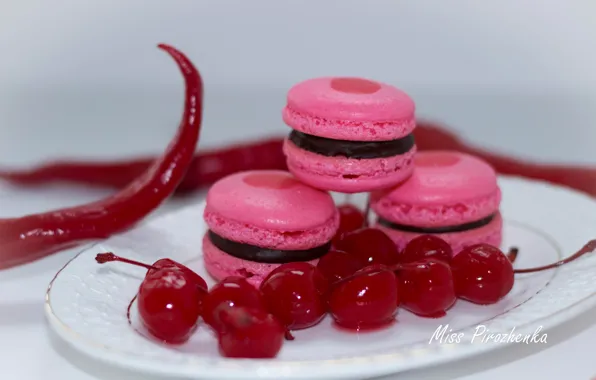 Вишня, еда, тарелка, перец, десерт, macaron