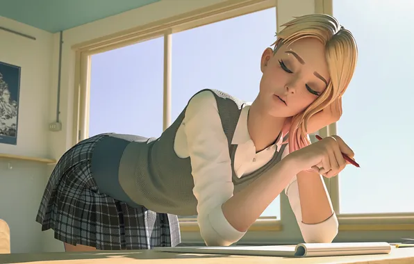 Картинка short hair, blonde, Gwen Stacy, bent over, closed eyes, parted lips, head tilt, Marvel character
