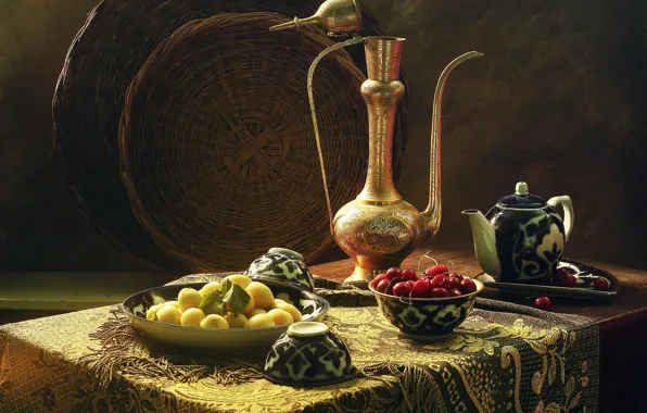 Вишня, посуда, кувшин, натюрморт, абрикосы, кофейник