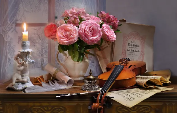 Картинка цветы, стиль, ноты, перо, скрипка, розы, свеча, букет