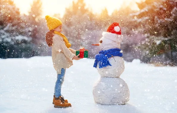 Картинка настроение, Зима, Снег, шарф, Дети, Джинсы, Девочка, Новый год