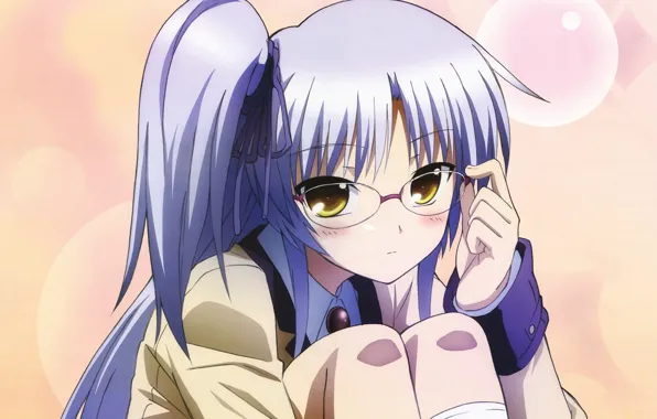 Взгляд, девушка, очки, сидит, Anime, art, смущение, tachibana kanade