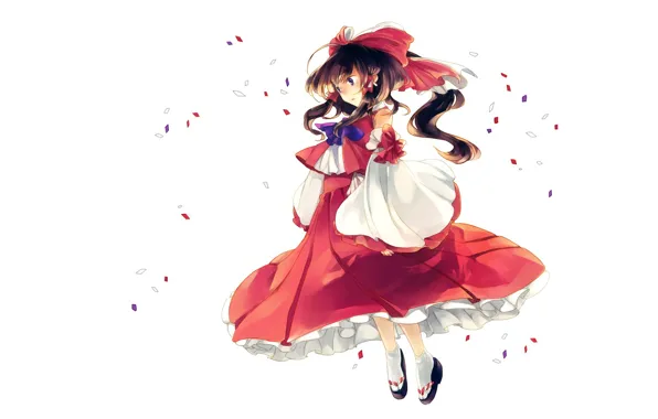 Белый фон, бант, жрица, art, конфетти, Hakurei Reimu, Touhou Project, Проект Восток