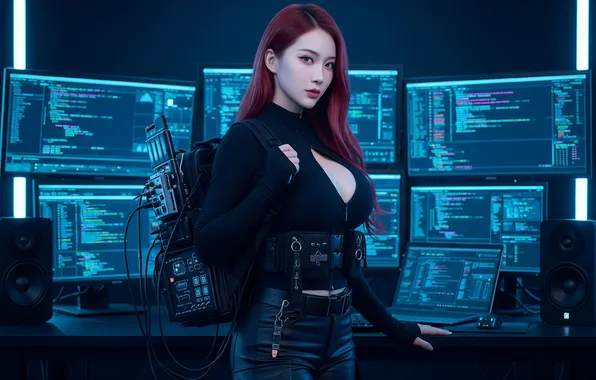 Cleavage, Asian, redhead, monitor, hacking, speakers, AI art, notebooks