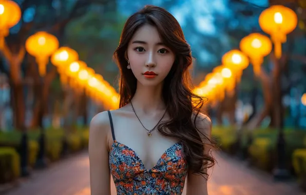 Парк, девочка, азиатка, аллея, милашка, сарафан, asian, digital art