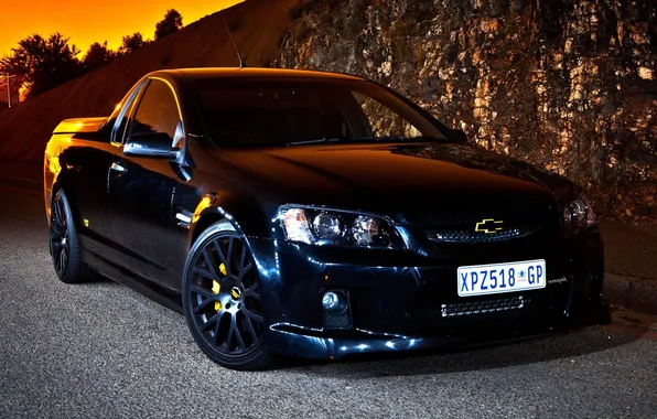 Картинка закат, чёрный, тюнинг, Chevrolet, Шевроле, пикап, tuning, передок