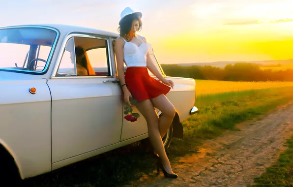 Авто, девушка, закат, красная юбка