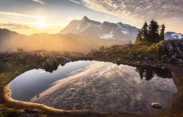 Картинка горы, природа, озеро, отражение, рассвет