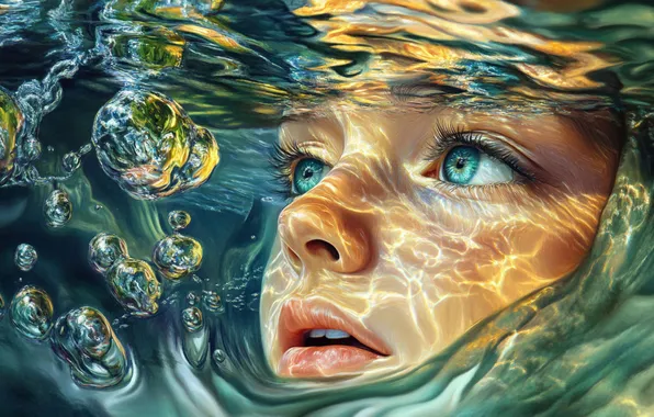 Взгляд, вода, свет, лицо, блики, пузыри, ребенок, купание