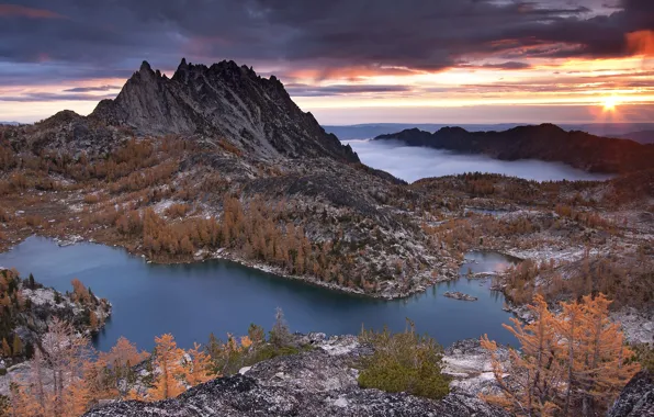 Деревья, закат, горы, природа, озёра, Prusik Peak