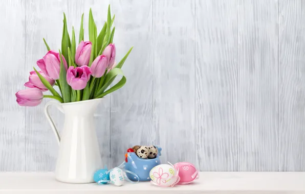 Картинка Пасха, тюльпаны, розовые, pink, tulips, spring, Easter, eggs