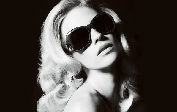 Девушка, лицо, фотография, модель, черно-белая, портрет, очки, блондинка