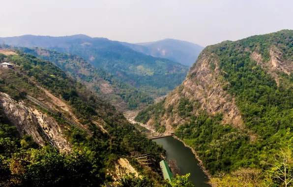 Лес, горы, река, Индия, плотина, ущелье, вид сверху, Karnataka