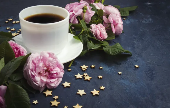 Кофе, розы, dark, чашка, pink, stars, cup, coffee