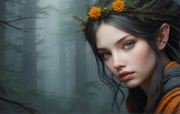 Лес, взгляд, девушка, деревья, цветы, лицо, туман, портрет
