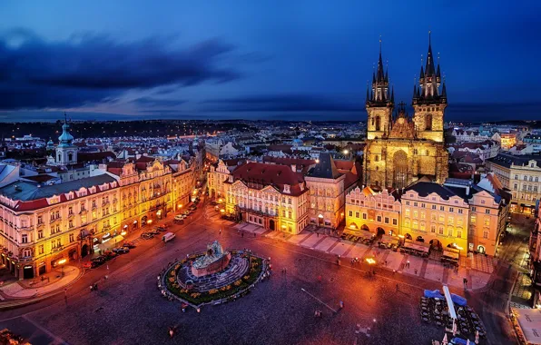 Город, здания, вечер, Прага, Чехия, освещение, площадь, архитектура