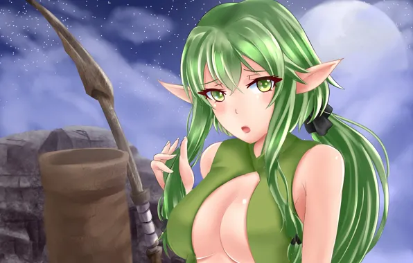 Girl, sexy, cleavage, blouse, green eyes, long hair, boobs, anime