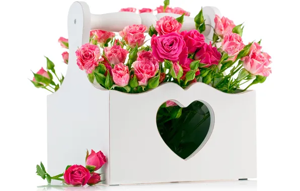 Картинка праздник, коробка, сердце, розы, букет, colorful, beautiful, Valentine`s day