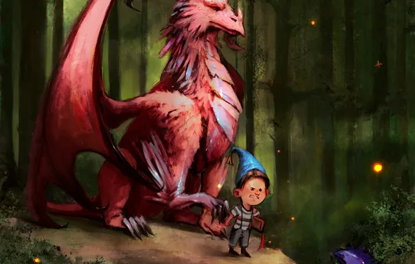 Лес, светлячки, дракон, гном, by Panda