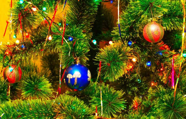 Шарики, украшения, ветки, игрушки, елка, Новый Год, Рождество, гирлянда