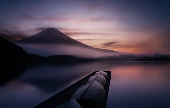 Картинка озеро, гора, лодки, вулкан, Япония, Fuji