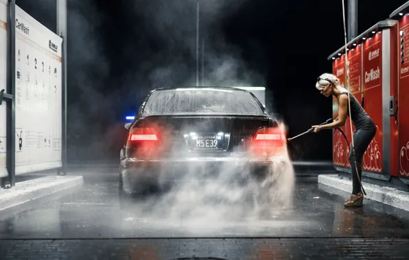 BMW, Girl, Blonde, E39, M5, CarWash