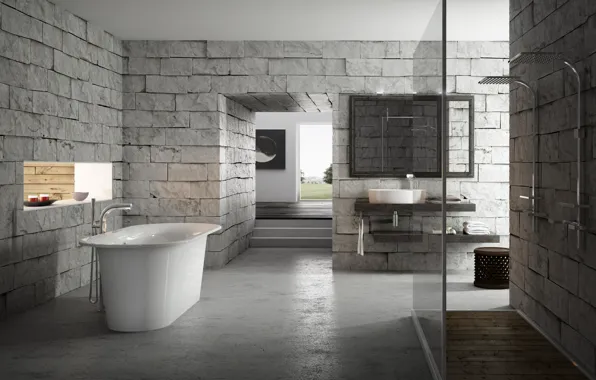 Дизайн, серый, интерьер, кирпич, ванна, ванная комната