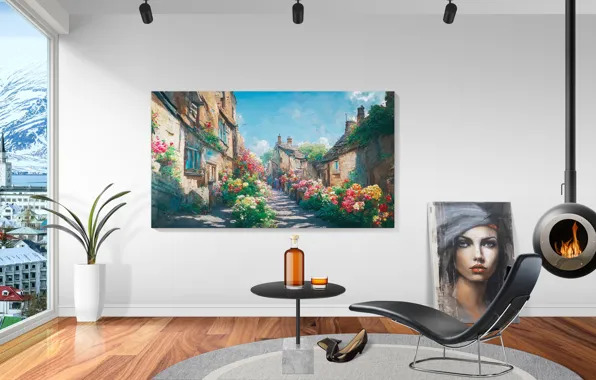 Glass, whiskey, art, chair, living room, drink, fireplace, oil painting
