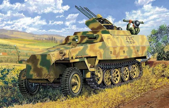 Картинка war, art, painting, ww2, flak, Sd.Kfz 251/21 Ausf.D Drilling