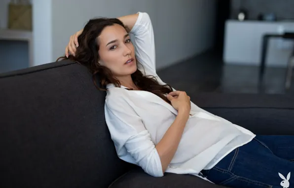 Playboy, Model, Sofi, Jeans, White Shirt, On The Couch