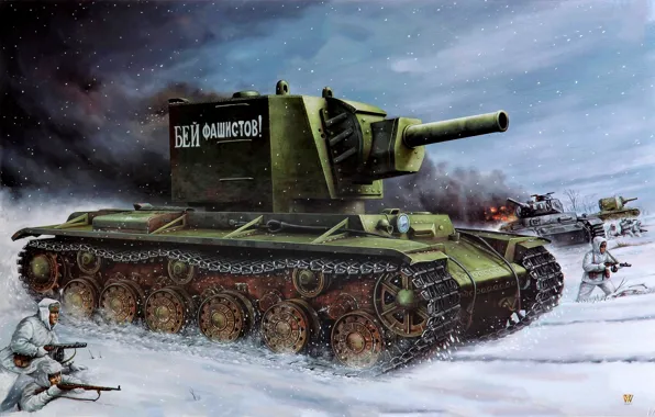 Картинка солдаты, Советский, Винтовка Мосина, тяжёлый, ППШ, WWII, Восточный фронт, штурмовой танк
