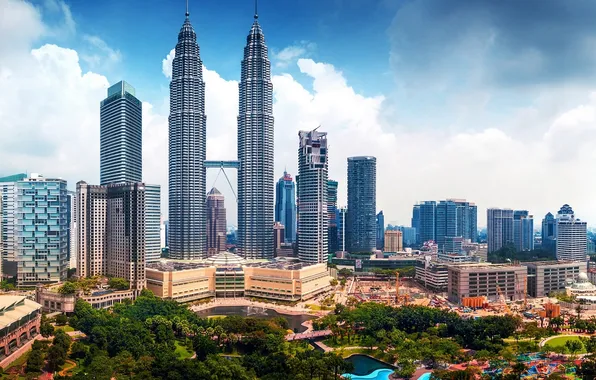 Здания, панорама, небоскрёбы, Малайзия, Kuala Lumpur, Malaysia, Куала-Лумпур, Башни Петронас