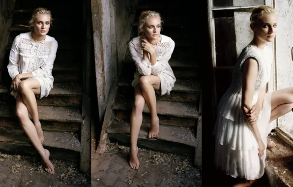 Diane kruger, stairs, window., triptych