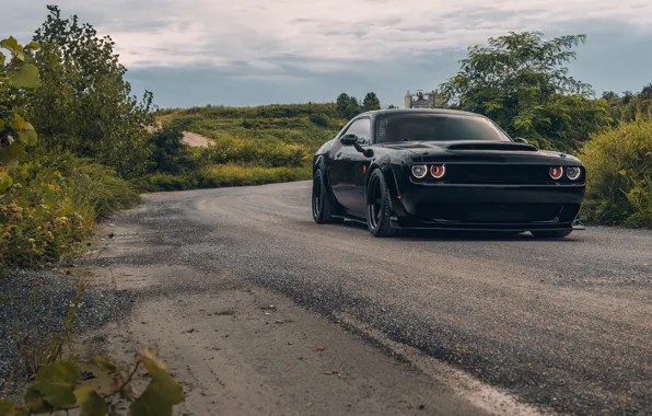 Dodge, Challenger, black, road, srt hellcat