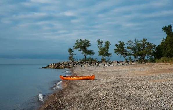Небо, солнце, облака, деревья, тучи, озеро, камни, берег