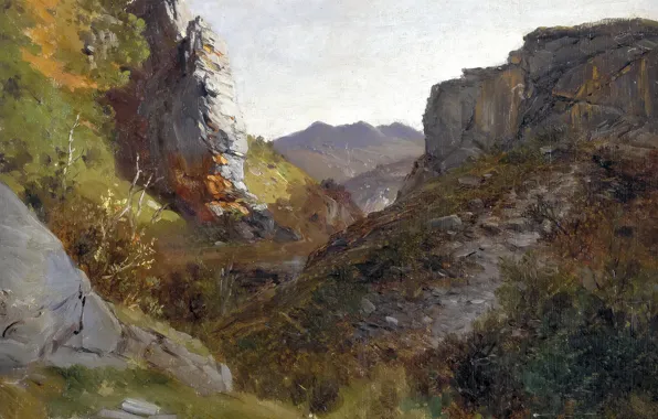 Картинка пейзаж, горы, скалы, картина, ущелье, Карлос де Хаэс, Пикос де Эуропа