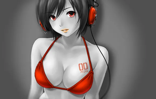 Red, girl, vocaloid, anime, headphones, meiko