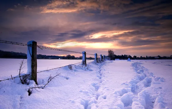 Картинка зима, снег, закат, следы, природа, забор