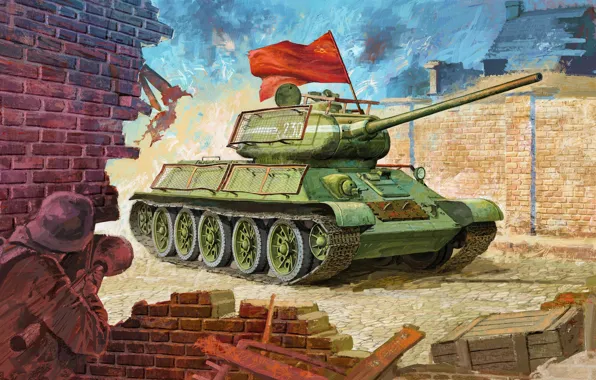 Рисунок, средний танк, ркка, панцерфауст, красное знамя, Т-34/85