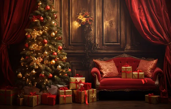 Украшения, комната, диван, шары, елка, интерьер, Новый Год, Рождество