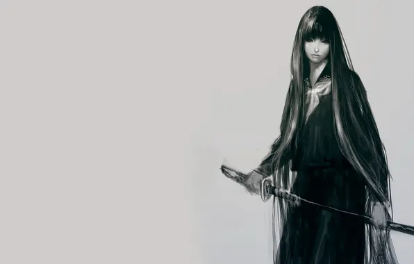Картинка девушка, волосы, воин, арт, мечь, .аниме, художник Masateru Ikeda