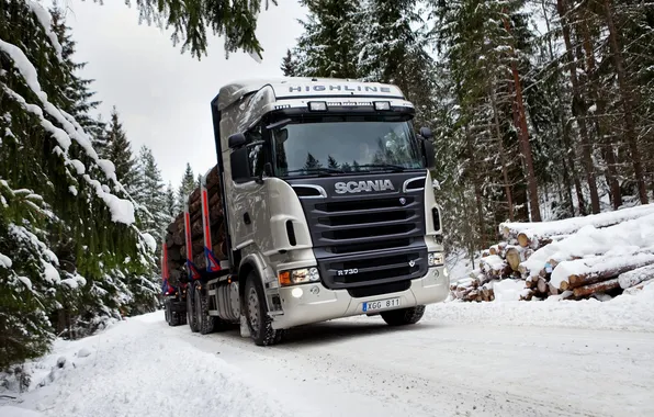 Картинка Снег, Лес, Грузовик, Scania, Лесовоз, R730