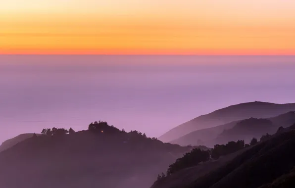 Landscape, ocean, nature, sunset, fog, Big Sur, Calfornia