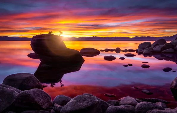 Закат, скала, озеро, камни, Lake Tahoe, Bonsai Rock