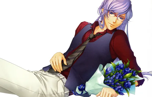 Галстук, букет цветов, длинные волосы, жилетка, visual novel, полулежа, парень в очках, Kiniro no Corda …