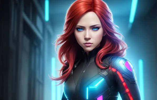 Future, girl, fantasy, armor, red hair, art, blue eyes, digital art