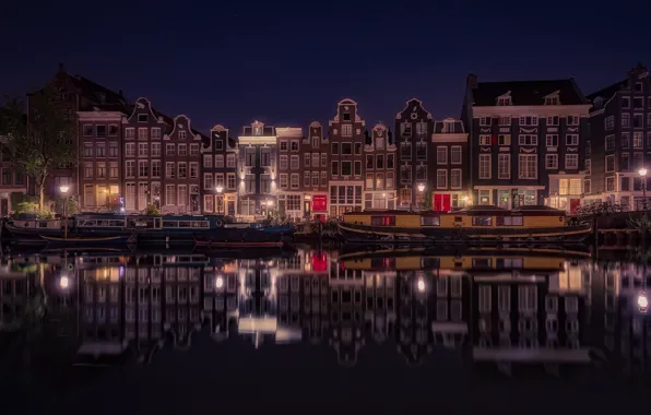 Ночь, город, огни, лодка, дома, Амстердам, канал, Нидерланды
