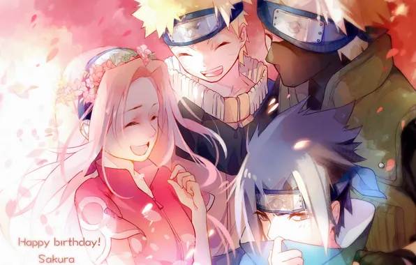 Команда, Naruto, друзья, венок, улыбки, ниндзи, розовые волосы, Sasuke Uchiha