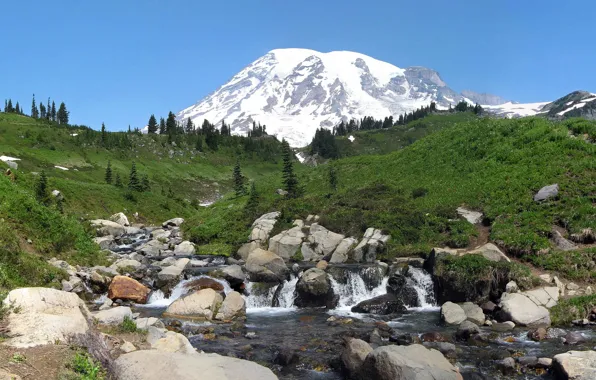 Картинка пейзаж, горы, природа, парк, ручей, камни, США, Washington